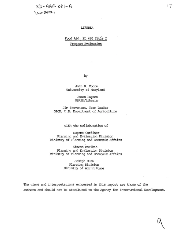 Liberia : food aid : PL-480 Title I; program evaluation