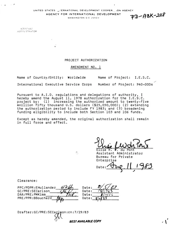 Project authorization amendment no. 1 : International Executive Service Corps