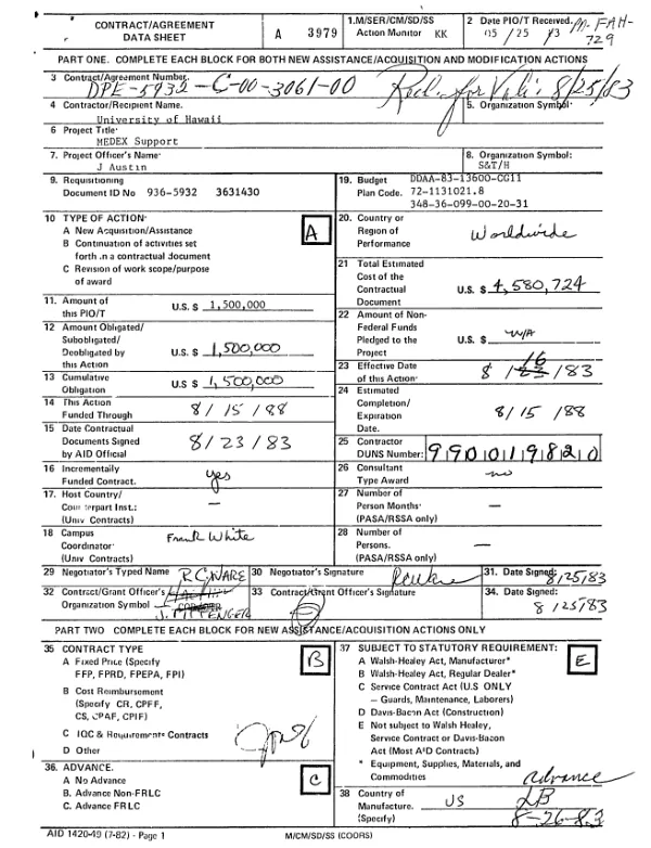AID contract no. DPE-5932-C-00-3061-00 with the University of Hawaii for the MEDEX support project