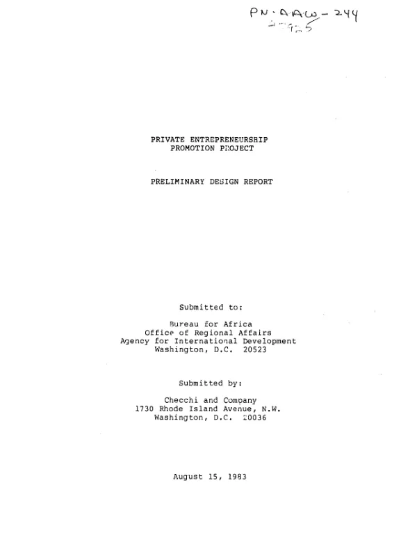 Private entrepreneurship promotion project : preliminary design report