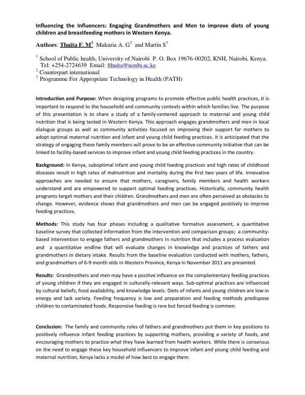 Influencing the Influencers: Engaging Grandmothers and Men to improve diets of young children and breastfeeding mothers in Western Kenya.