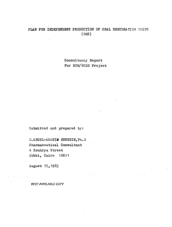 Plan for independent production of oral rehydration salts (ORS)