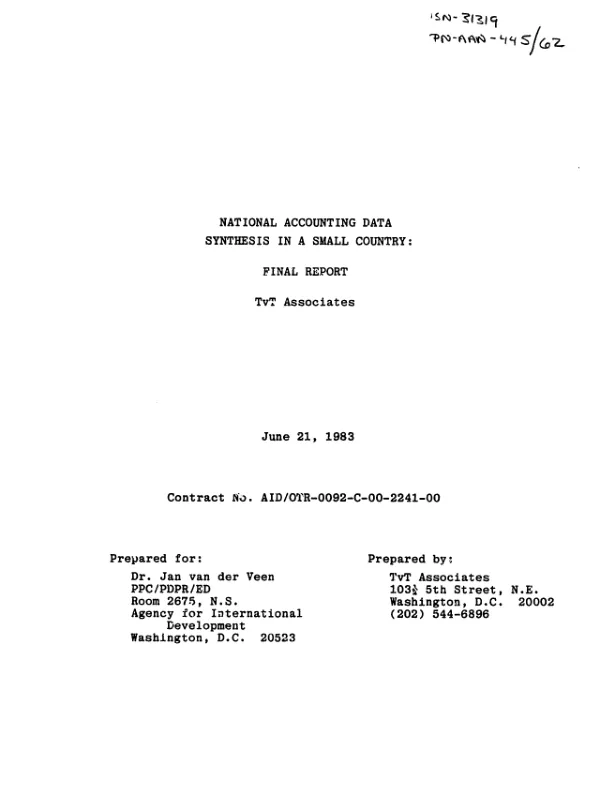 National accounting data synthesis in a small country : final report