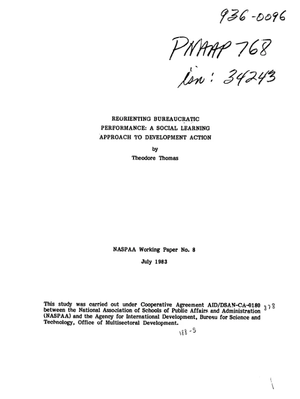Reorienting bureaucratic performance : a social learning approach to development action