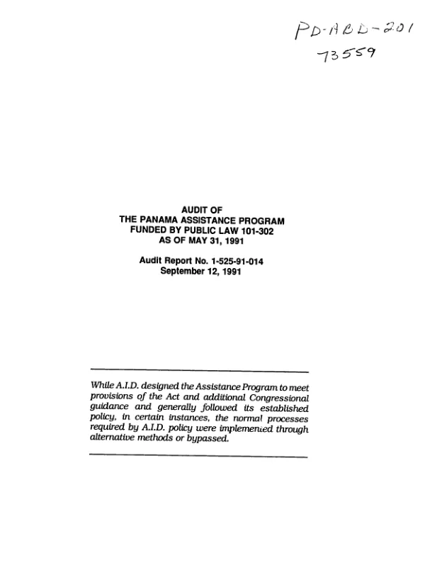 Audit of the Panama assistance program funded by Public Law 101-302 as of May 31, 1991