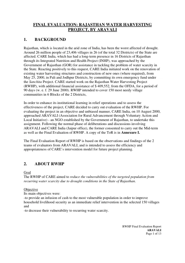 Final evaluation : Rajasthan water harvesting project