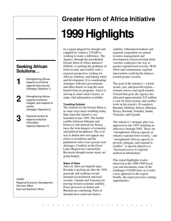 Greater Horn of Africa initiative [GHAI] : 1999 highlights