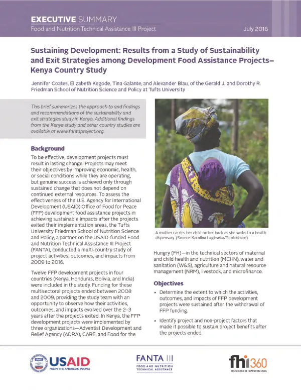 Sustaining Development: Results from a Study of Sustainability and Exit Strategies among Development Food Assistance Projects - Kenya Country Study - Executive Summary
