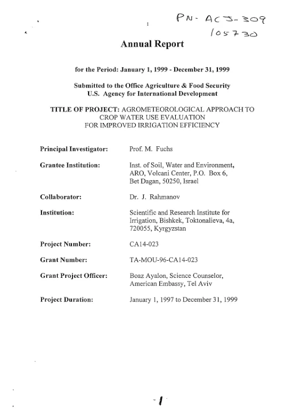Annual report for the period January 1, 1999-December 31, 1999 : agrometeorological approach to crop water use evaluation for improved irrigation efficiency