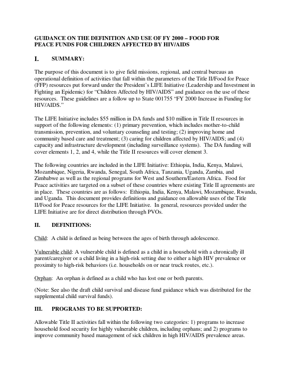 Guidance on the definition and use of FY 2000-food for peace funds for children affected by HIV/AIDS