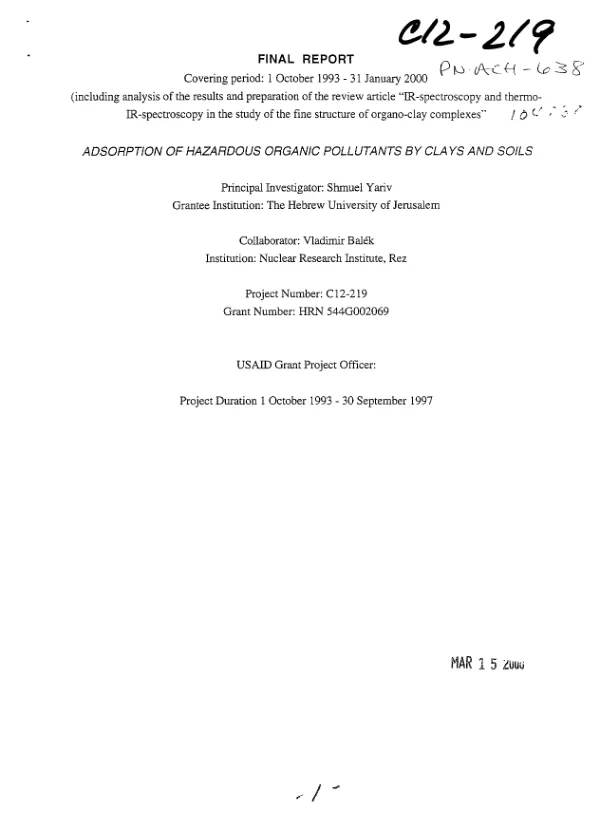 Final report covering period 1 October 1993-31 January 2000 : adsorption of hazardous organic pollutants by clays and soils