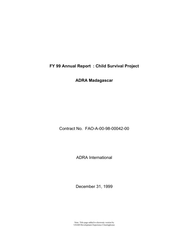 FY 99 annual report : child survival project -- ADRA Madagascar : contract no. FAO-A-00-98-00042-00