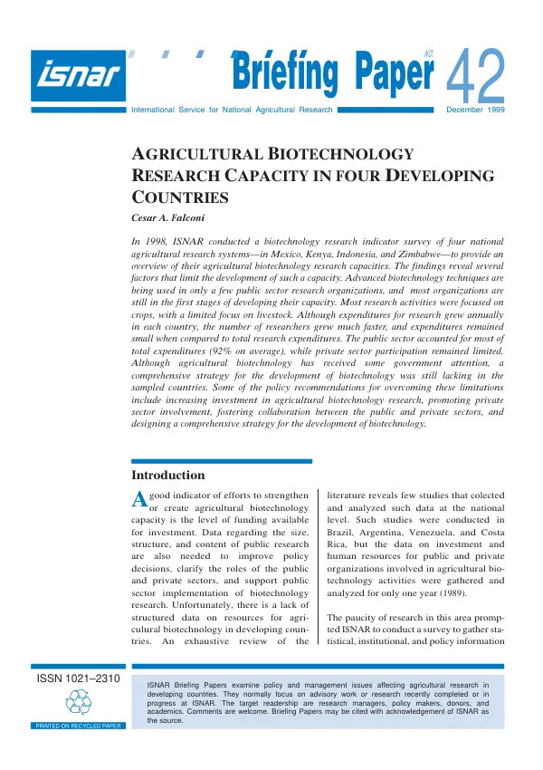 Agricultural biotechnology research capacity in four developing countries