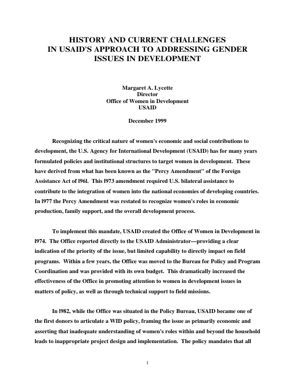 History and current challenges in USAID"s approach to addressing gender issues in development