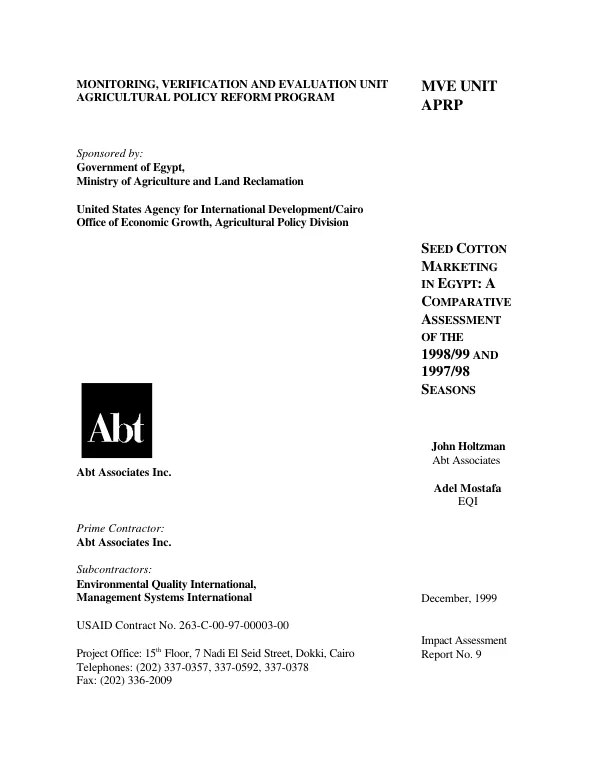 Seed cotton marketing in Egypt : a comparative assessment of the 1998/99 and 1997/98 seasons
