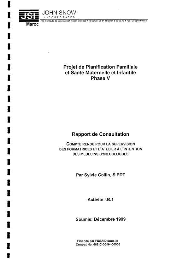 Rapport de consultation : compte rendu pour la supervision des formatrices et l"atelier a l"intention des medecins gynecologues