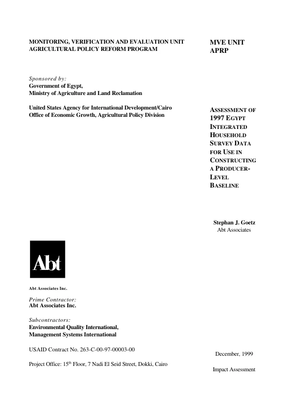 Assessment of 1997 Egypt integrated household survey data for use in constructing a producer-level baseline