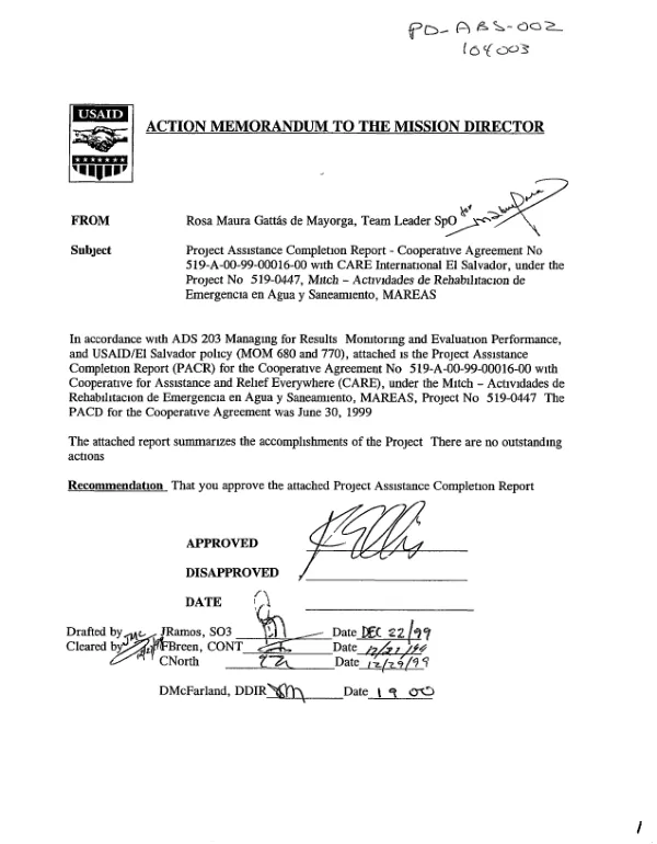 Project assistance completion report : cooperative agreement no. 519-A-00-99-00016-00 with CARE International El Salvador, under the project no. 519-0447 : MAREAS (Mitch actividades de rehabilitacion de emergencia en agua y saneamiento) [Hurriance Mitch emergency rehabilitation activities for water and sanitation]
