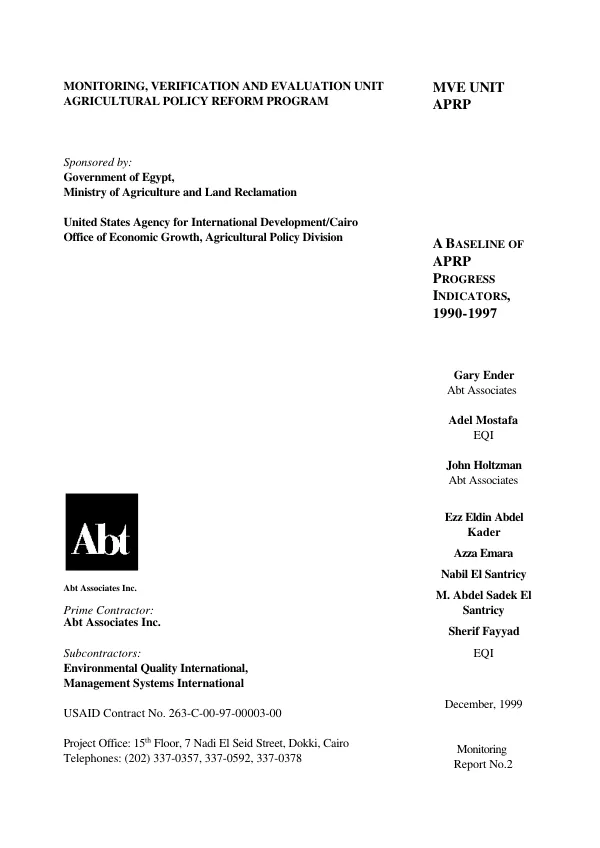 Baseline of APRP [agricultural policy reform program] progress indicators, 1990-1997