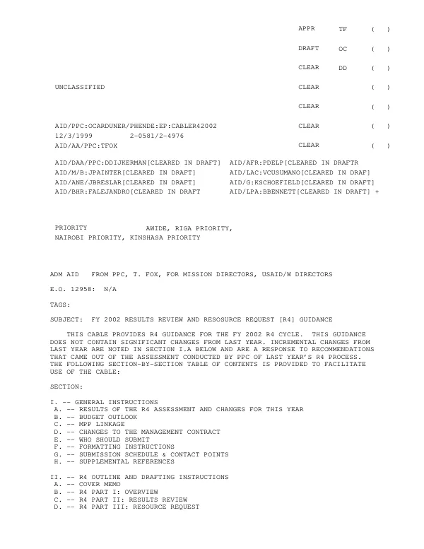 FY 2002 results review and resource request (R4) guidance [cable]