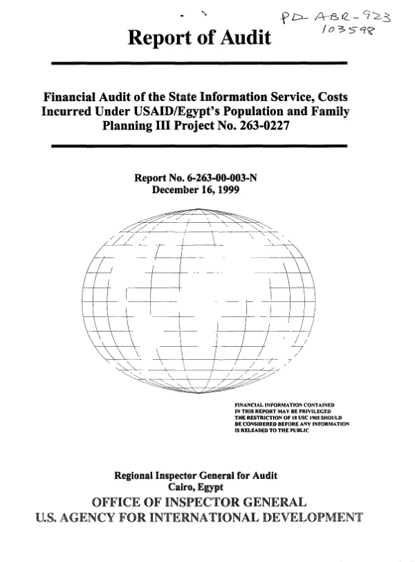 Financial audit of the State Information Service, costs incurred under USAID/Egypt"s population and family planning III project no. 263-0227