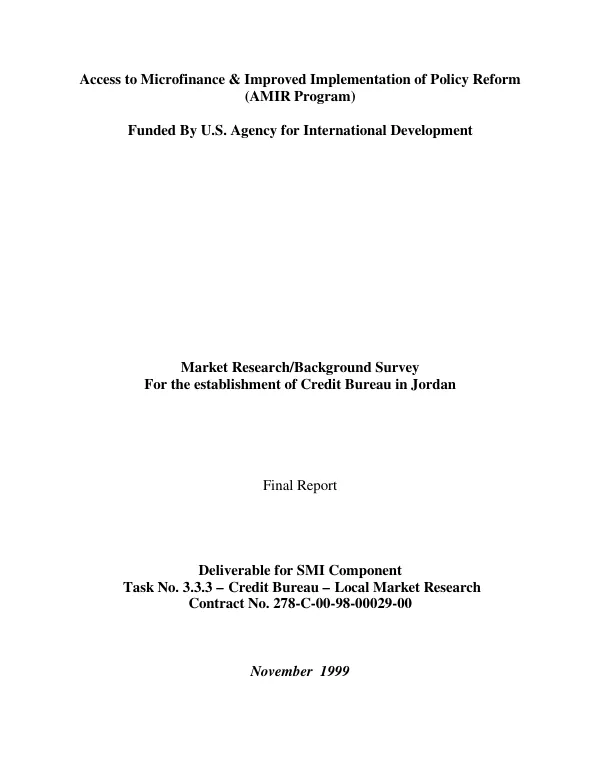 Market research/background survey for the establishment of [a] credit bureau in Jordan : final report