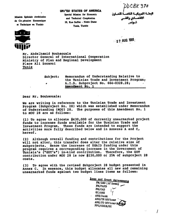Memorandum of understanding relative to the Tunisian trade and investment program, AID subproject no. 664-0328.28 : amendment no. 1