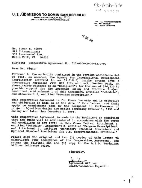 AID cooperative agreement no. 517-0000-A-00-1232-00 to SRI International to provide support for the economic policy and practice project