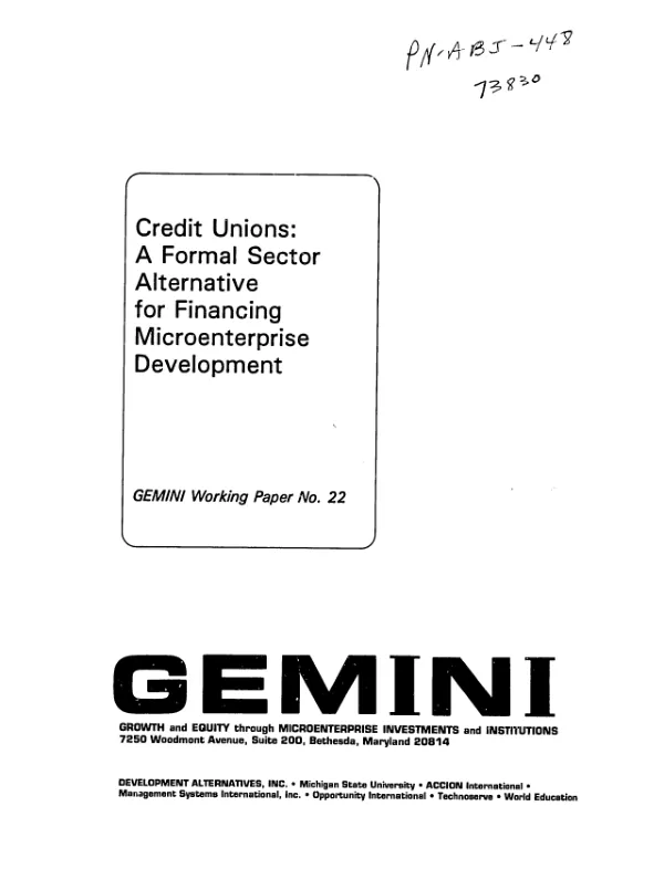 Credit unions : a formal sector alternative for financing microenterprise development