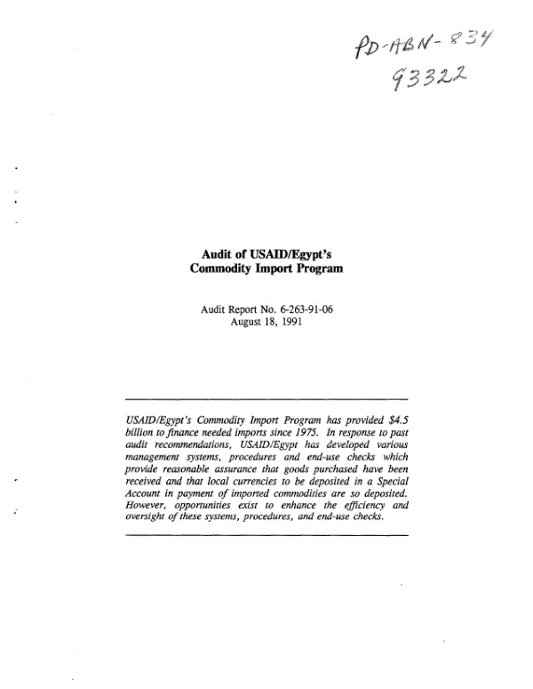 Audit of USAID/Egypt"s commodity import program