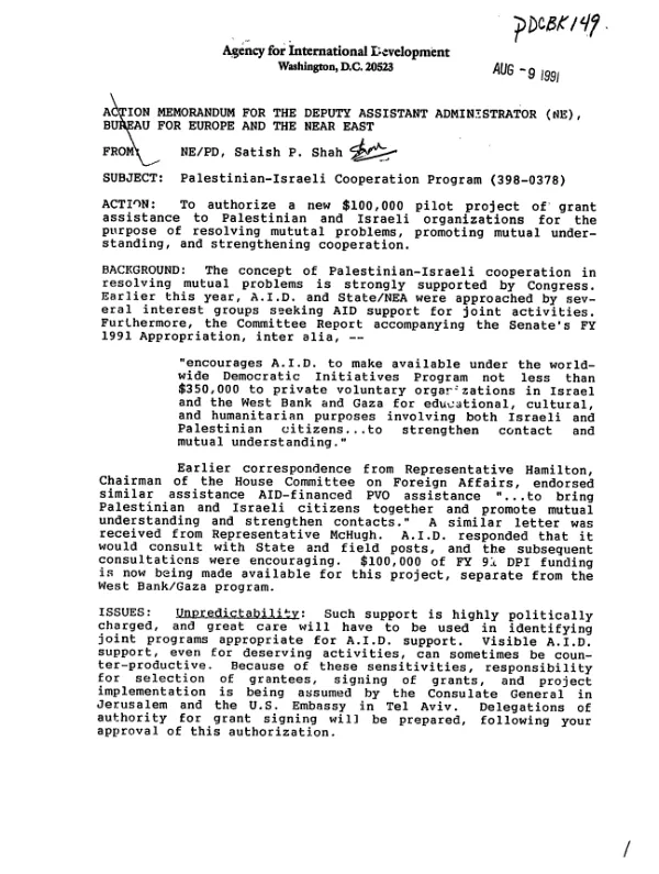 Action memorandum for the Deputy Assistant Administrator (NE), Bureau for Europe and the Near East : Palestinian-Israeli cooperation program (398-0378)