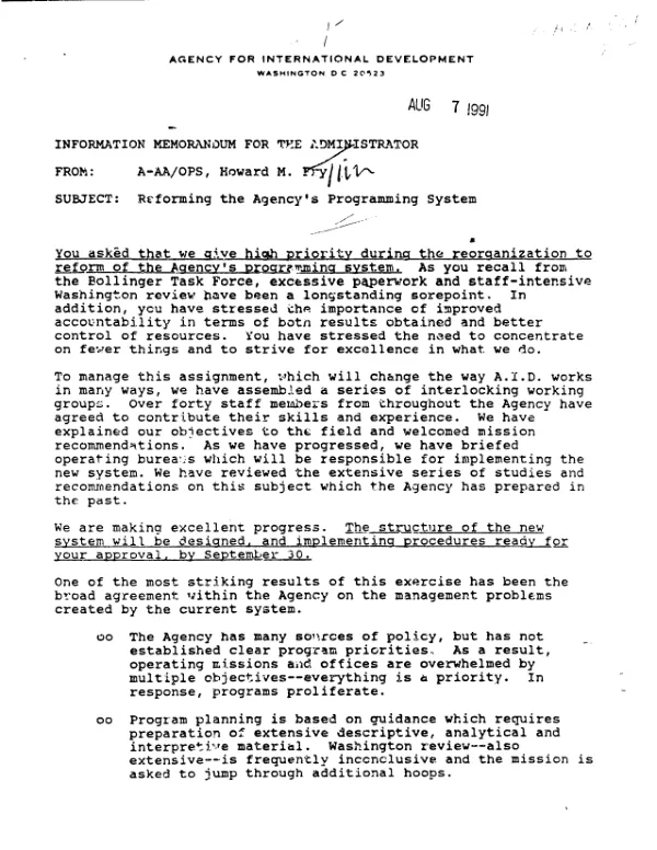Reforming the Agency"s programming system : information memorandum for the Administrator