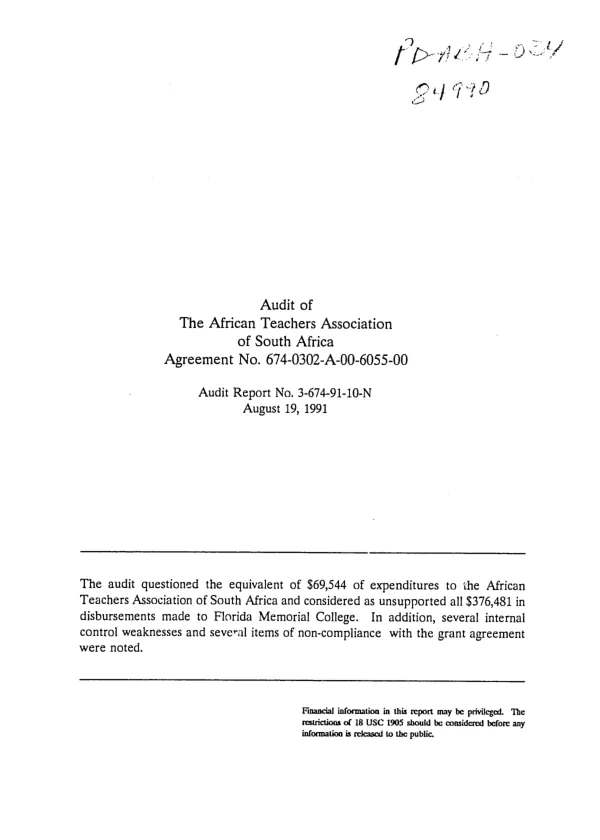 Audit of the African Teachers Association of South Africa, agreement no. 674-0302-A-00-6055-00