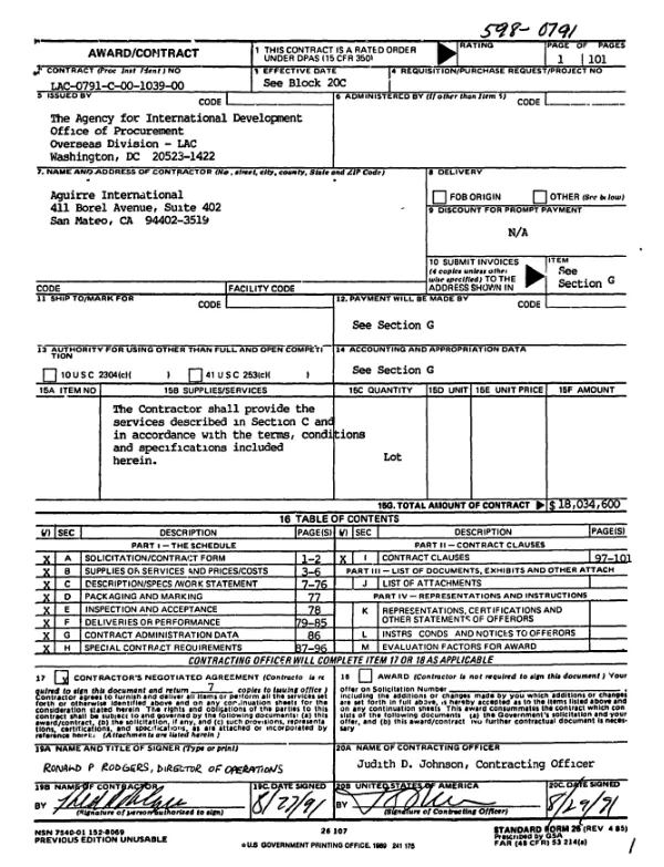 AID grant no. LAC-0791-C-00-1039-00 to Aguirre International to establish a Regional Technical Aids Center (RTAC-II) to increase access to US technical materials, especially among university students, in Central and Latin America