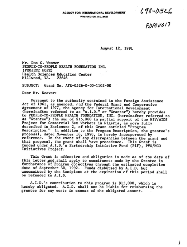 AID grant no. AFR-0526-G-00-1102-00 to People-to-People Health Foundation, Inc. (Project HOPE) for partial support of the HIV/AIDS project for commercial sex workers in Nigeria