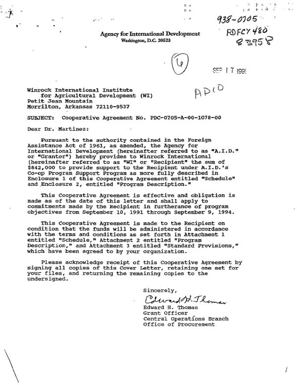AID cooperative agreement no. PDC-0705-A-00-1078-00 with Winrock International Institute for support of the farmer to farmer program