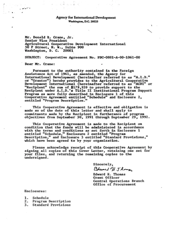 AID cooperative agreement no. PDC-0801-A-00-1061-00 with Agricultural Cooperative Development International for support under the Title II institutional support program - Uganda
