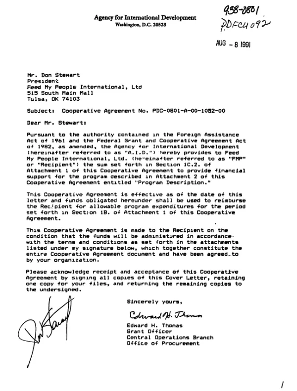 AID cooperative agreement no. PDC-0801-A-00-1052-00 with Feed My People International, Ltd. to undertake strategic planning activities, training workshops, program feasibility, assessments and other activities necessary to improve the design, management, and implementation of Title II food aid programs grant