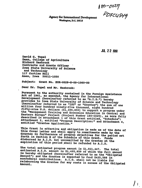 AID grant no. EUR-0029-G-00-1060-00 to Iowa State University of Science and Technology for support under the management training and economics education program