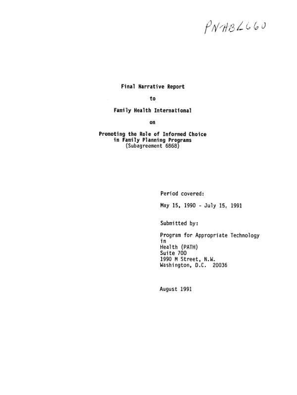 Final narrative report to Family Health International on promoting the role of informed choice in family planning programs (subagreement 6868)
