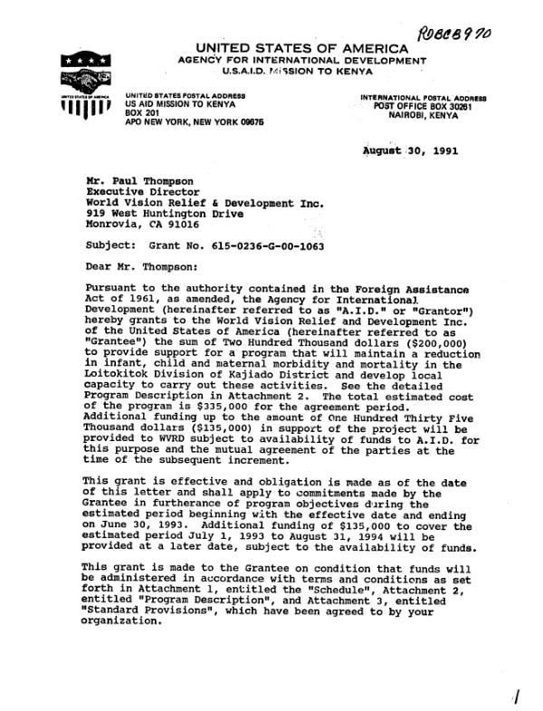 AID grant no. 615-0236-G-00-1063[-00] to World Vision Relief and Development Inc. for a program that will maintain a reduction in infant, child and maternal morbidity and mortality