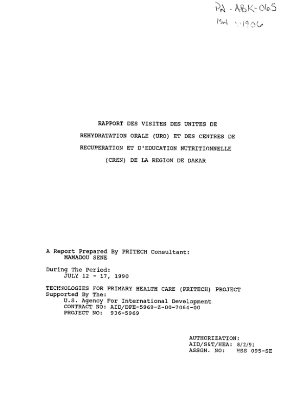 Rapport des visites des unites de rehydratation orale (URO) et des centres de recuperation et d"education nutritionnelle (CREN) de la region de Dakar