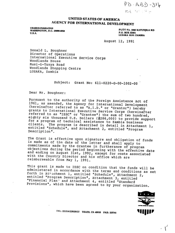 AID grant no. 611-0220-G-00-1002-00 to International Executive Service Corps for a program of technical assistance to Zambia business clients