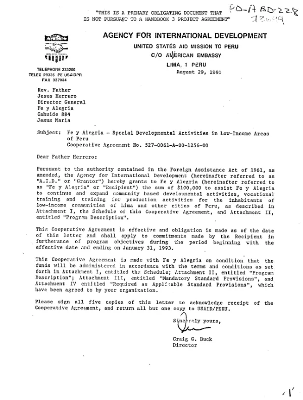 AID cooperative agreement no. 527-0061-A-00-1256-00 with Fe y Alegria for vocational training, training for production, and community development activities in low income areas of Peru