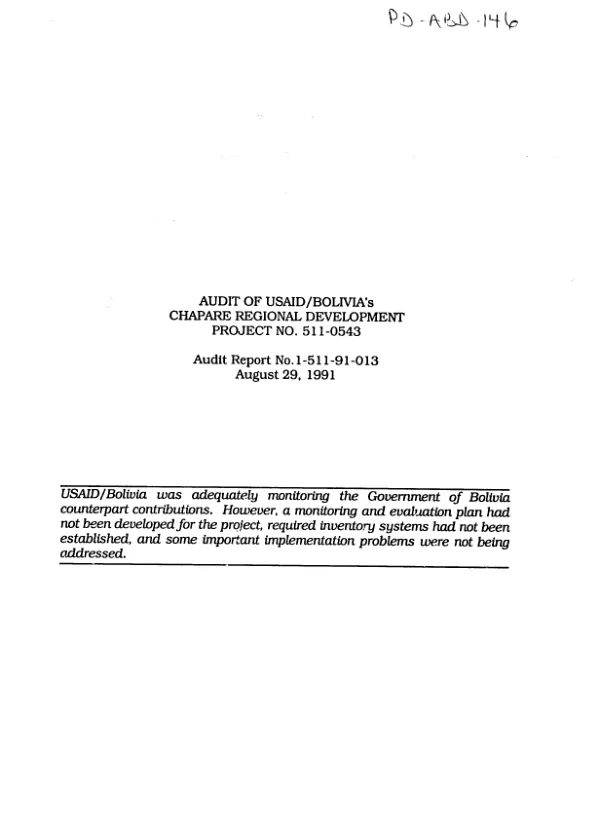 Audit of USAID/Bolivia"s Chapare regional development project no. 511-0543