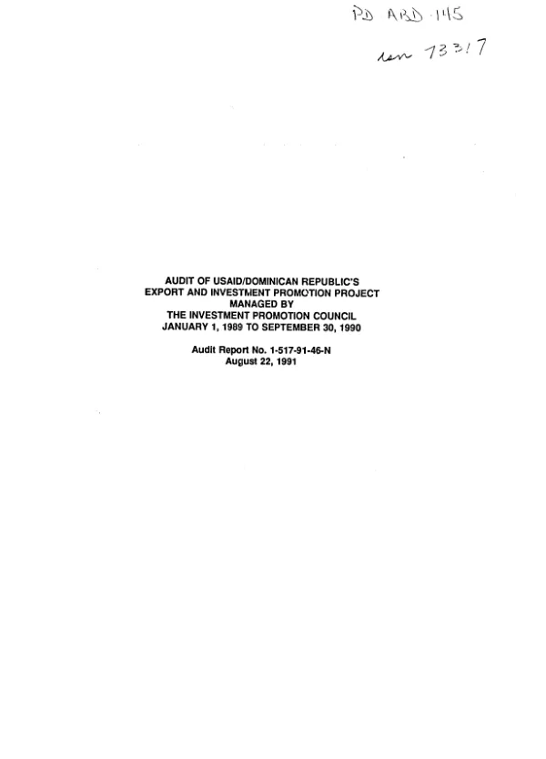 Audit of USAID/Dominican Republic"s export and investment promotion project managed by the Investment Promotion Council -- January 1, 1989 to September 30, 1990