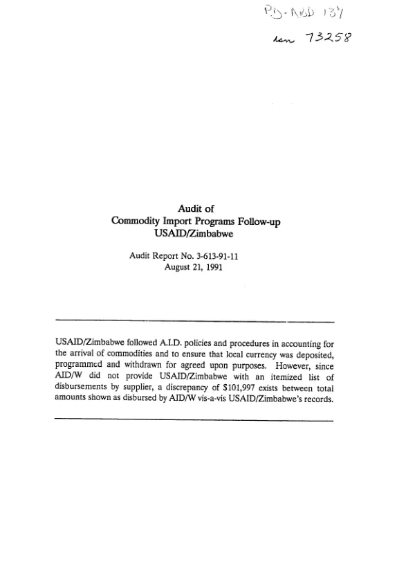 Audit of commodity import programs follow-up -- USAID/Zimbabwe