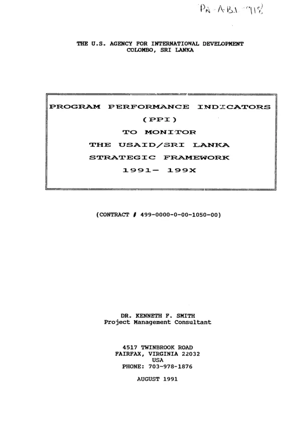 Program performance indicators (PPI) to monitor the USAID/Sri Lanka strategic framework, 1991-199X