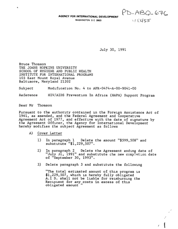 USAID cooperative agreement no. AFR-0474-A-00-9041-00 modification no. 4 with Johns Hopkins University to support the HIV/AIDS prevention in Africa (HAPA) support program