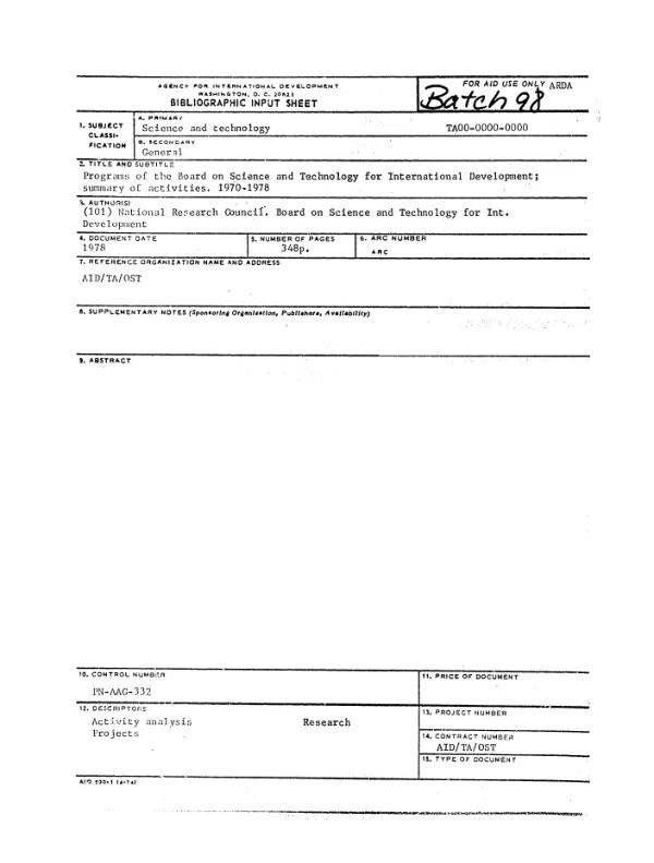 PROGRAMS OF THE BOARD ON SCIENCE AND TECHNOLOGY FOR INTERNATIONAL DEVELOPMENT; SUMMARY OF ACTIVITIES, 1970-1978